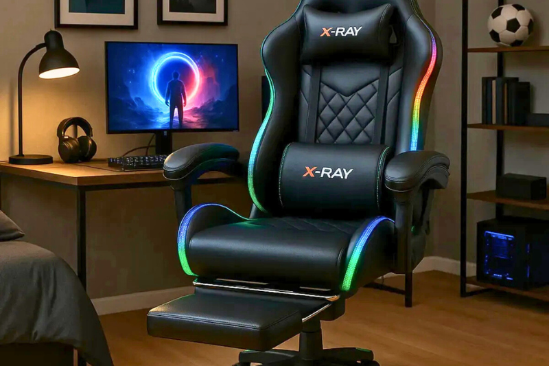 Cadeira Gamer X-Ray Fit preta com LED RGB, estofamento em couro sintético e design ergonômico para escritório e jogos.