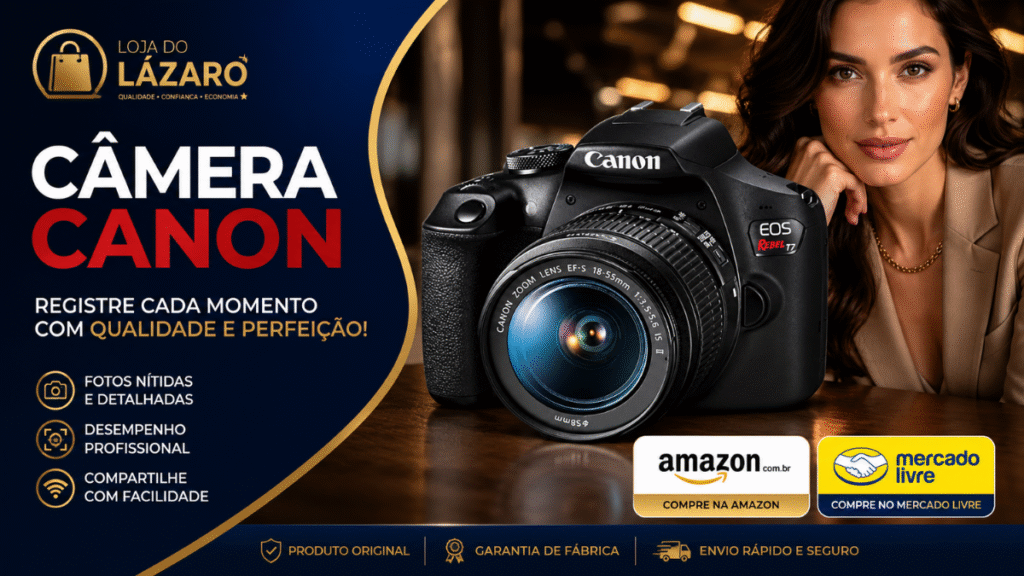 Câmera Canon profissional em destaque ao lado de uma mulher em ambiente elegante.