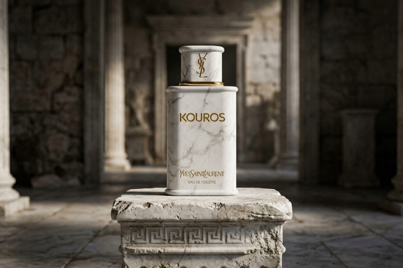 Frasco do perfume Kouros em pedestal de mármore estilo Yves Saint Lauren.