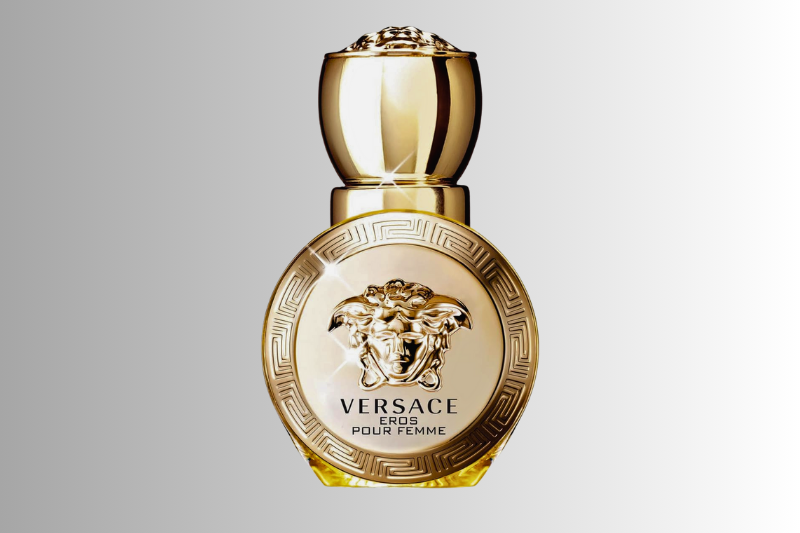 Frasco do perfume masculino Eros Versace importado, design azul com detalhes em dourado e fragrância intensa disponível na Amazon