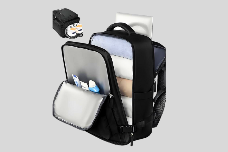 Mochila casual na cor preta com compartimentos, alças acolchoadas e design ergonômico