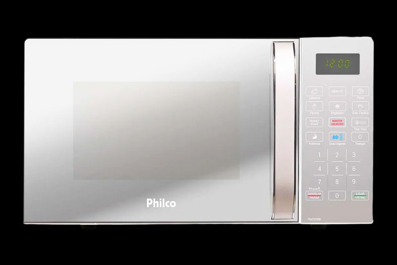 Micro-ondas Philco de cor prata com porta espelhada e painel digital iluminado mostrando o horário “12:00”.