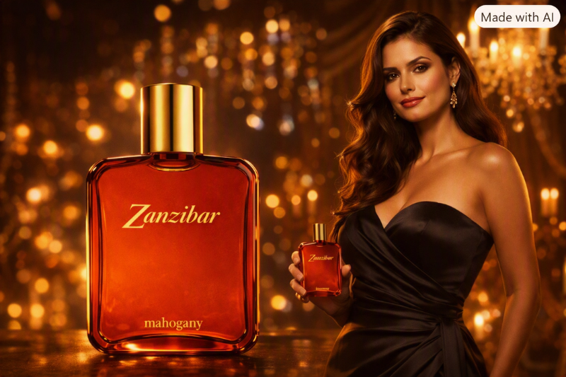 Mulher elegante ao lado do Perfume Mahogany Zanzibar, em cenário dourado e sofisticado que transmite luxo e presença marcante.