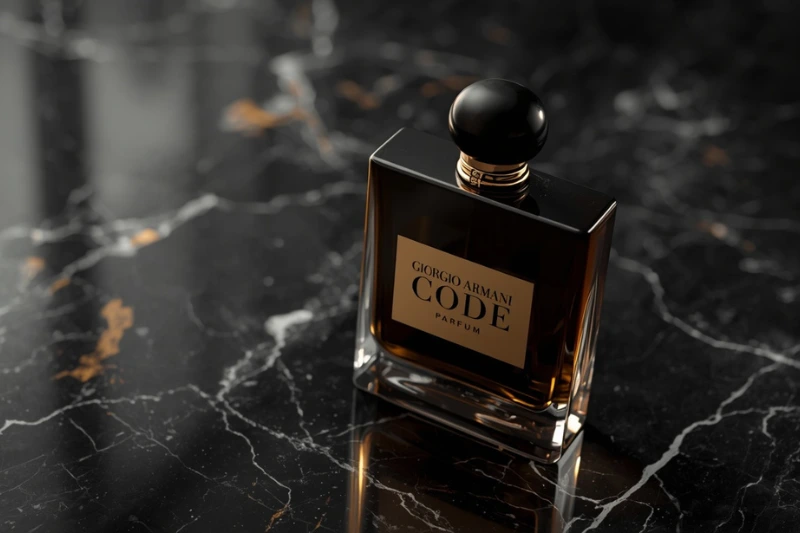 Armani Code Parfum sobre superfície de mármore escuro — perfume masculino de luxo Giorgio Armani