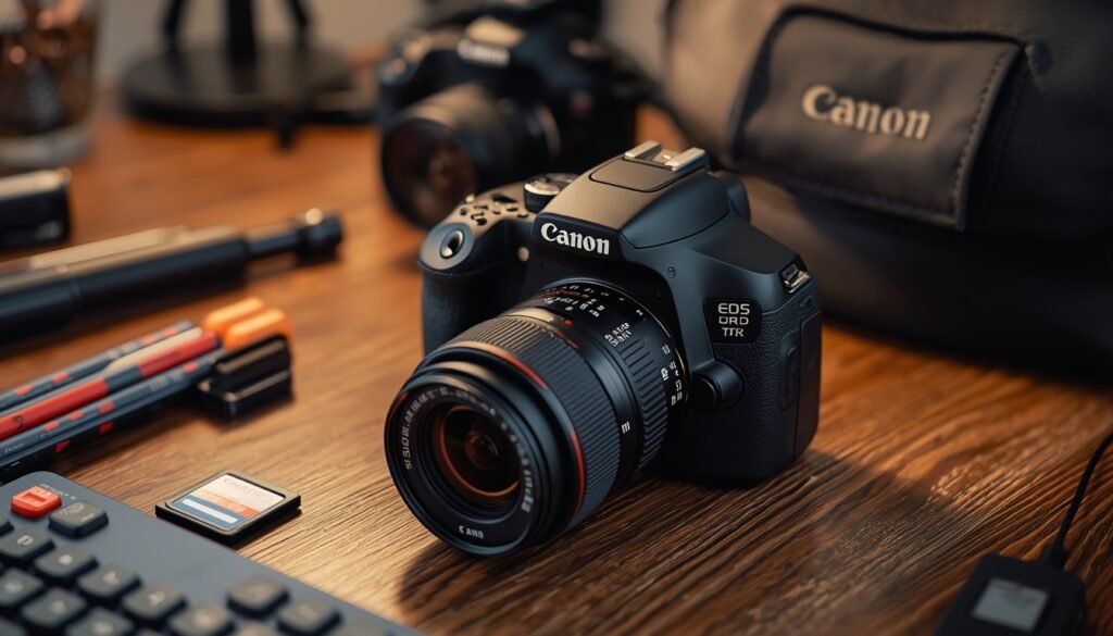 Câmera Canon EOS Rebel T7 com lente 18-55mm em fundo neutro mostrando design e qualidade profissional