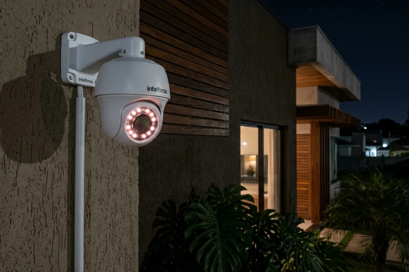 Câmera de segurança Intelbras com visão noturna instalada em poste para monitoramento externo