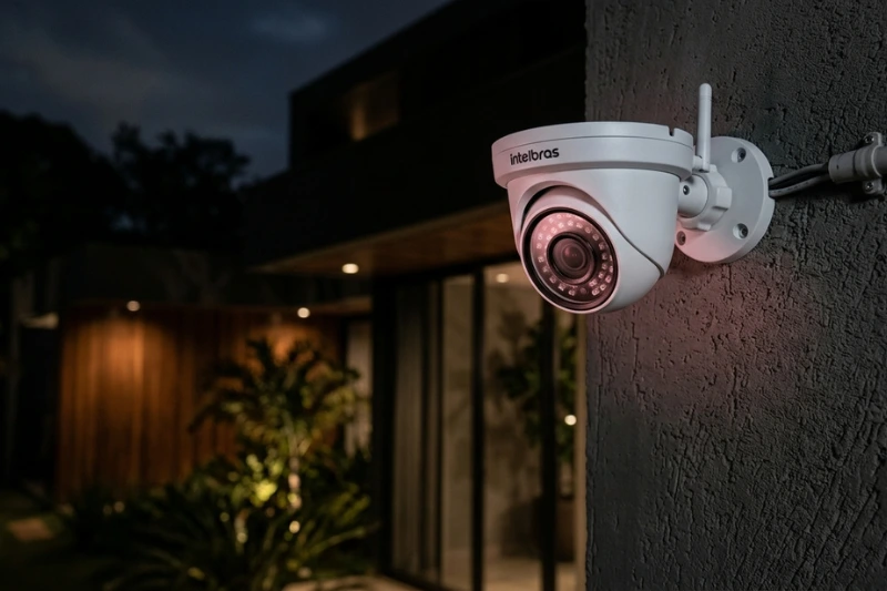 Câmera de segurança Intelbras em monitoramento noturno com visão noturna ativa em área externa