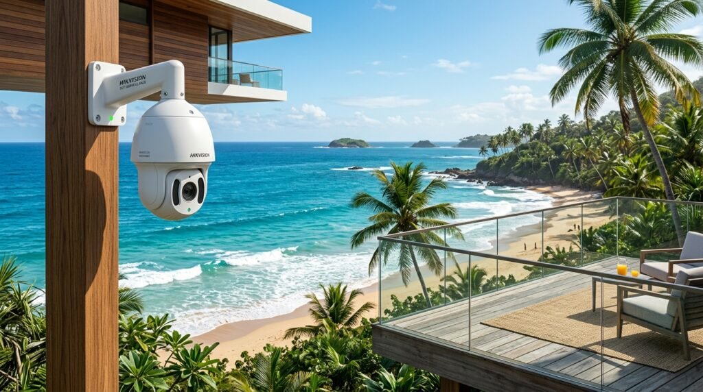  Câmera de segurança monitorando residência de luxo à beira-mar com vista para o oceano
