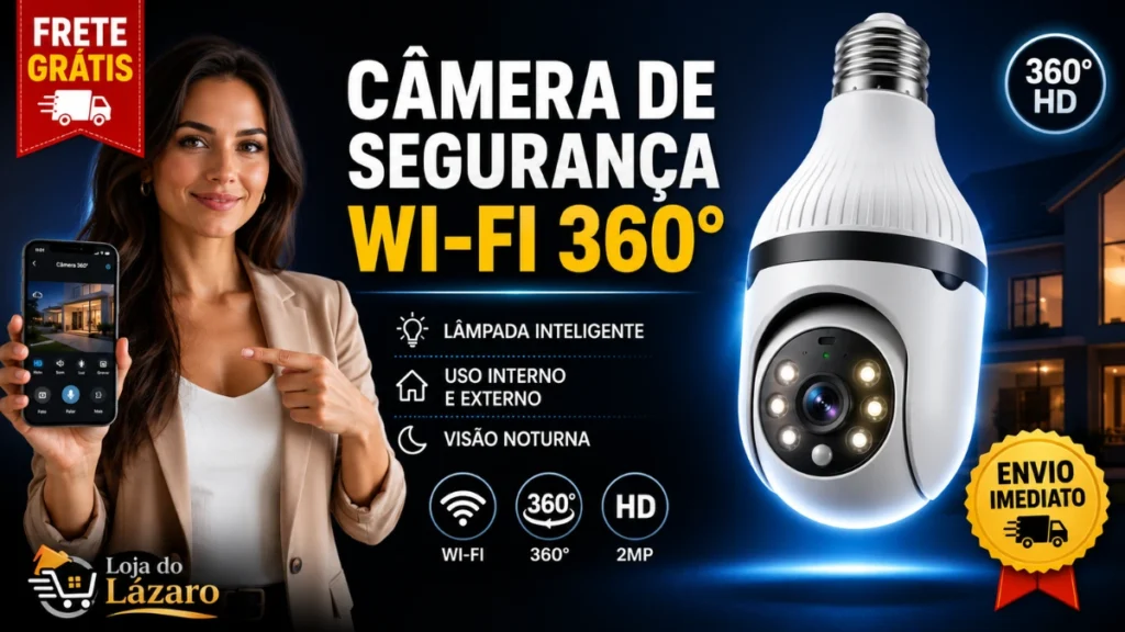 Câmera de segurança Wi-Fi 360° em formato de lâmpada inteligente com visão noturna e monitoramento remoto pelo celular.