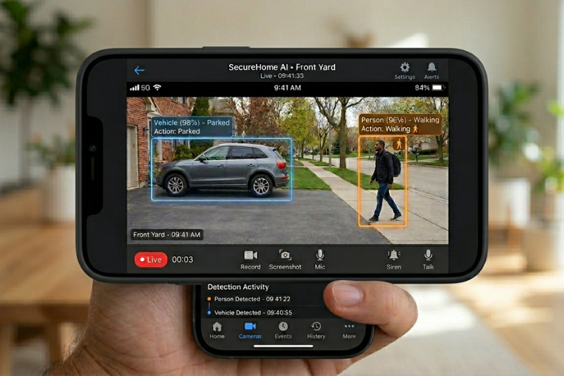 Aplicativo Tapo no celular exibindo transmissão ao vivo de câmera de segurança wifi externa em tempo real