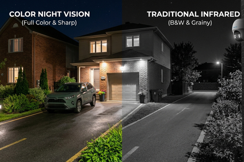 Câmera de segurança wifi externa com visão noturna colorida mostrando imagem nítida de garagem à noite