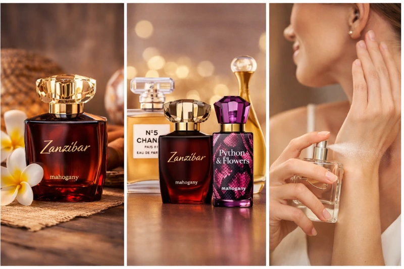 Coleção de perfumes femininos Mahogany, incluindo o Perfume Feminino Mahogany Zanzibar e Python & Flowers, dispostos sobre superfície elegante com mulher aplicando perfume ao fundo.