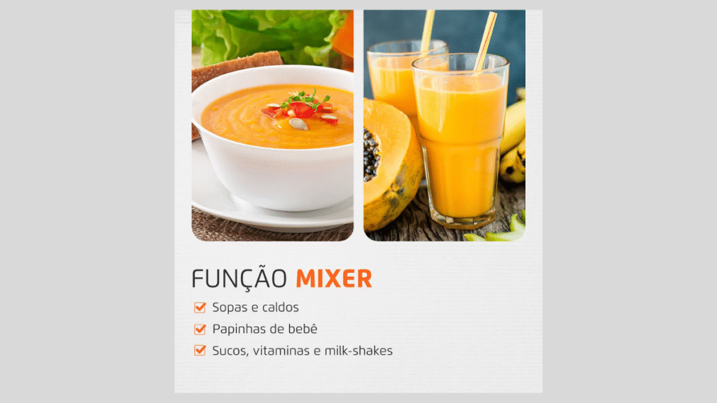 Imagem de sopa cremosa e sucos de laranja representando alimentos preparados com mixer.