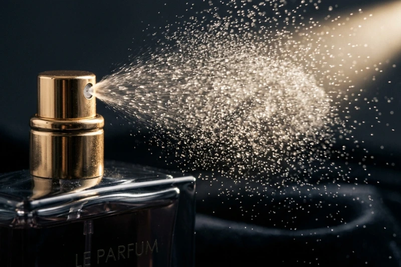 Detalhe da névoa do borrifador de um perfume luxuoso Yves Saint Lauren.