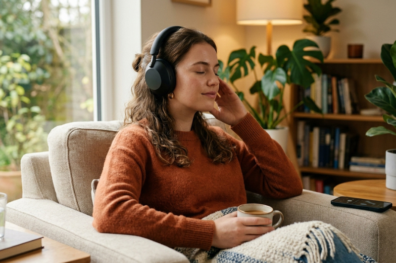pessoa relaxando enquanto ouve música com fones de ouvido confortáveis