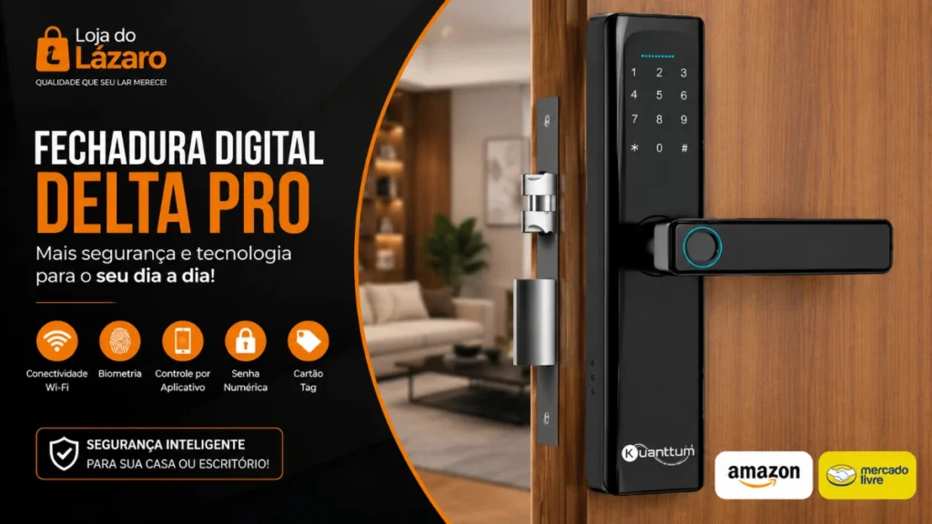 Fechadura Eletrônica Delta Pro instalada em porta de madeira com biometria, Wi-Fi, aplicativo e senha numérica.