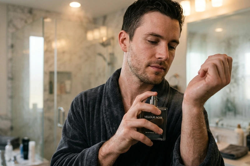 Ferofire Men — homem aplicando o perfume masculino Ferofire Men nos pontos de calor do corpo