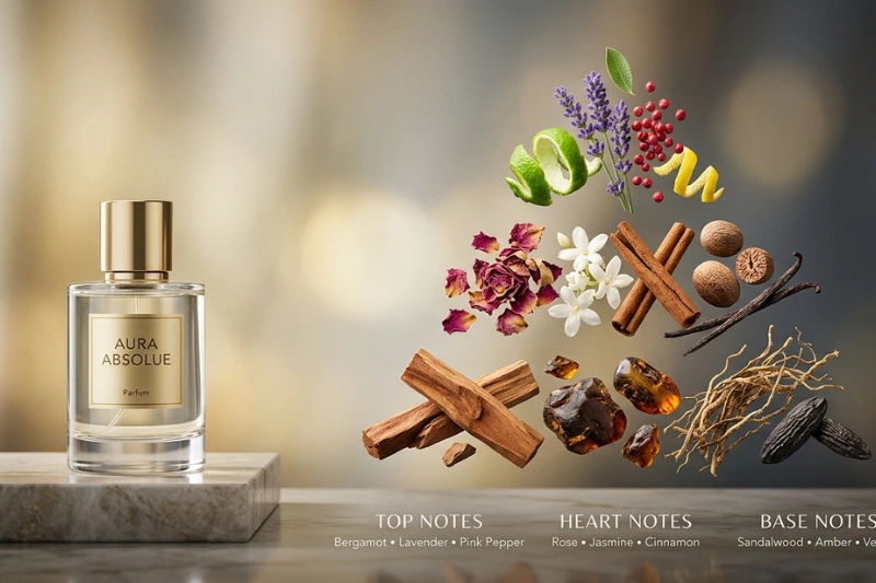 
Frasco de parfum elegante cercado de flores e ingredientes naturais em composição sofisticada