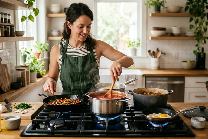Fogão Atlas sendo utilizado na cozinha durante o preparo de alimentos
