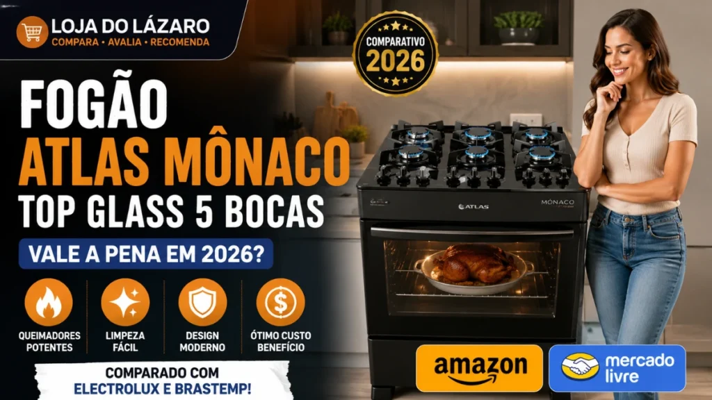 Fogão Atlas Mônaco Top Blaze com 5 bocas, cor preta, mesa em vidro temperado