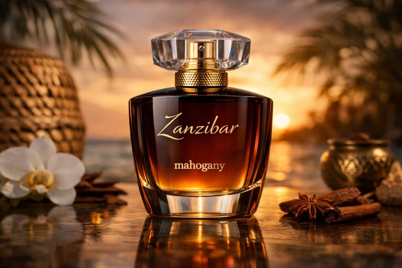 Frasco do Perfume Feminino Mahogany Zanzibar sobre superfície tropical com flores brancas e conchas, iluminado por luz dourada de pôr do sol, transmitindo elegância e exotismo.