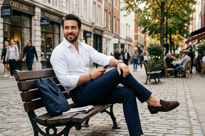 Homem elegante sentado em banco urbano exibindo seu calçado social em ambiente externo