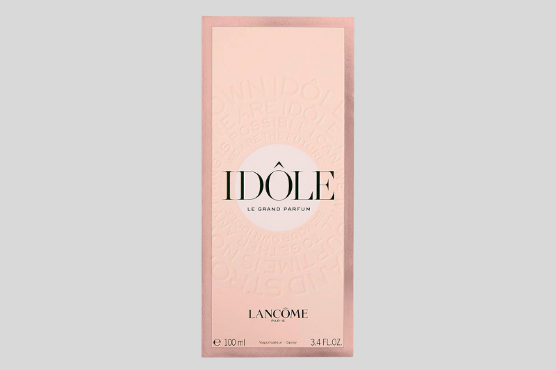 Perfume feminino Lancôme Idôle EDP em frasco rosa minimalista, representando elegância, sofisticação e feminilidade moderna.