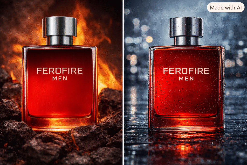 Frasco vermelho do perfume Ferofire Men sobre fundo com chamas, representando intensidade e elegância masculina.