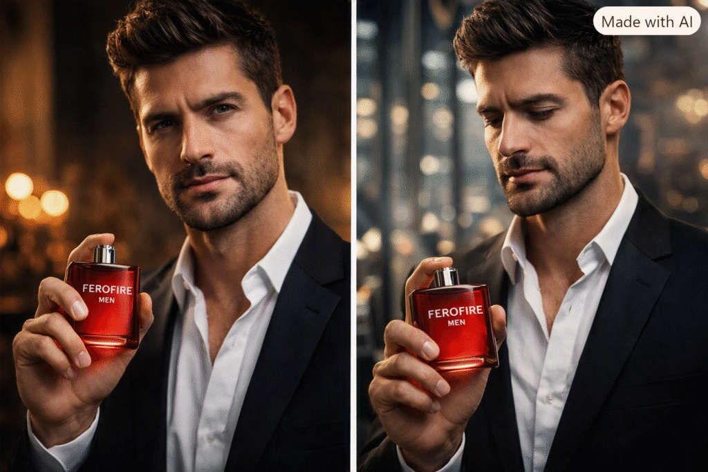 Homem elegante segurando o perfume Ferofire Men em frasco vermelho, representando confiança, charme e intensidade masculina.