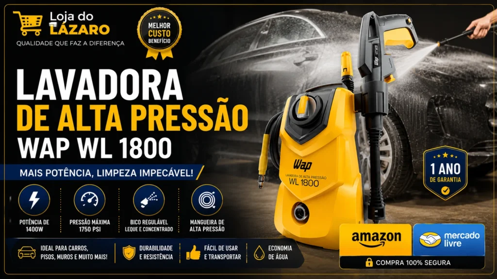 Lavadora de Alta Pressão WAP WL 1800 em destaque com design moderno e informações sobre potência, pressão e recursos para limpeza residencial.
