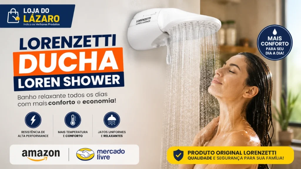 Lorenzetti Ducha Loren Shower instalada com mulher elegante tomando banho em ambiente moderno e confortável.