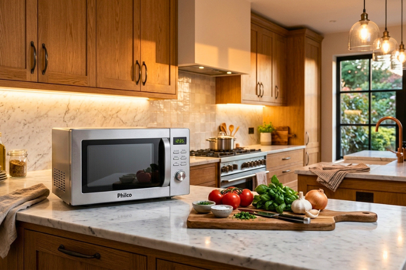 Melhor micro-ondas Philco em cozinha rústica com armários de madeira