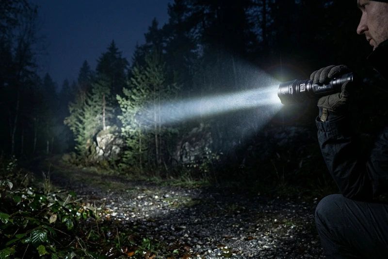 Feixe de luz potente de lanterna iluminando trilha escura na floresta à noite