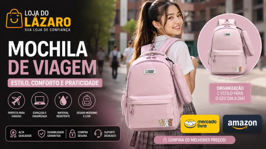 Mochila de viagem rosa feminina com estojo, ideal para estudantes, viagens, escola e uso diário.