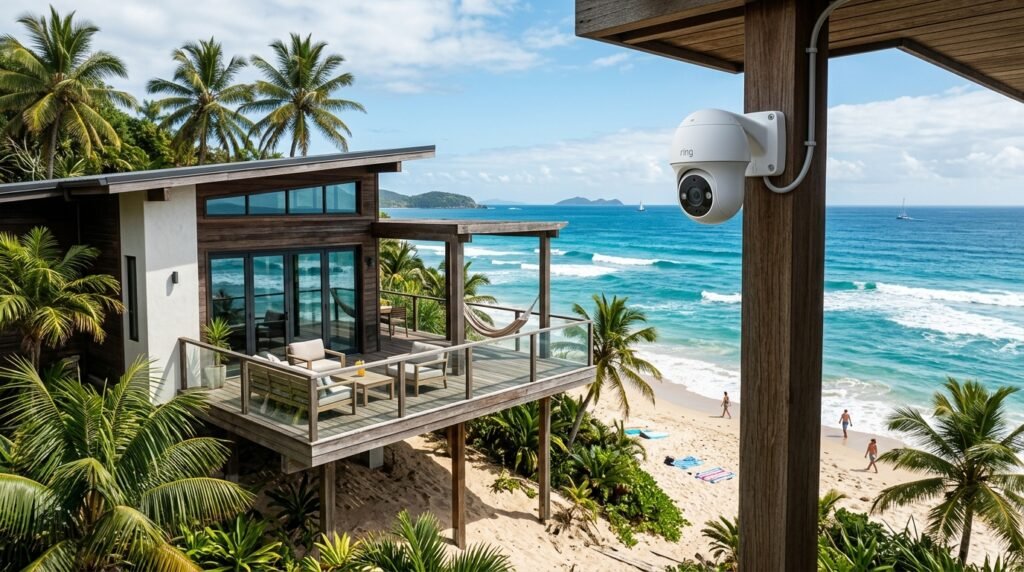 Câmera de segurança dome instalada em varanda de casa à beira-mar com vista para o oceano tropical