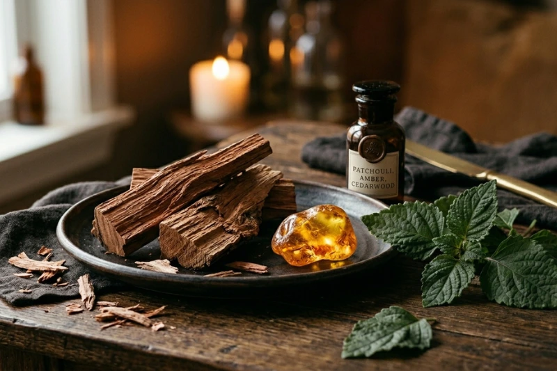 Pedaços de madeira de cedro, resina de âmbar dourada e folhas de patchouli sobre uma mesa rústica.