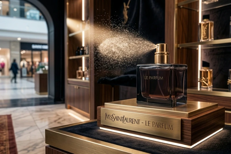 Frasco de perfume de luxo exclusivo em prateleira sofisticada Yves Saint Laurent