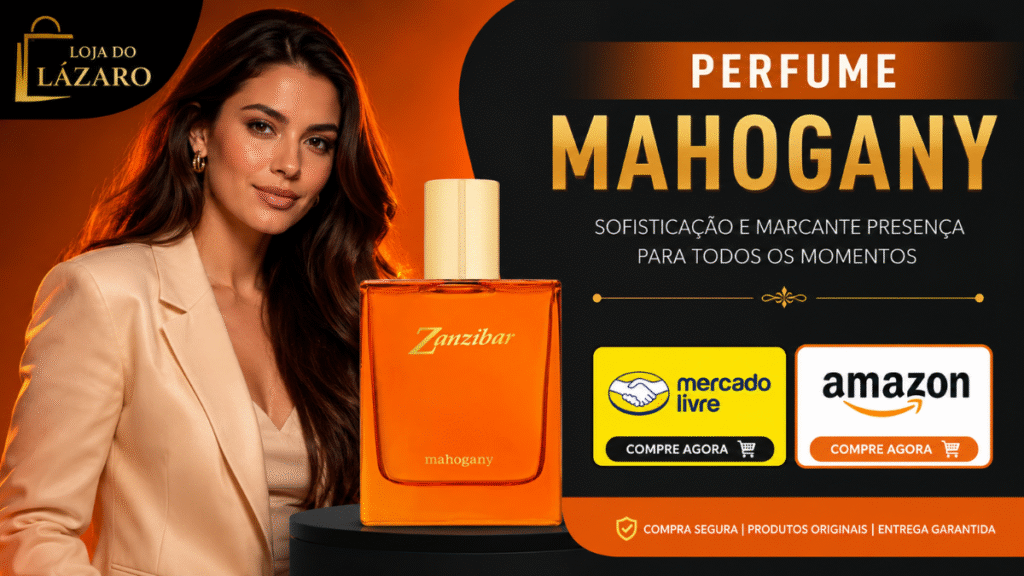 Perfume Mahogany masculino em caixa dourada com frasco preto