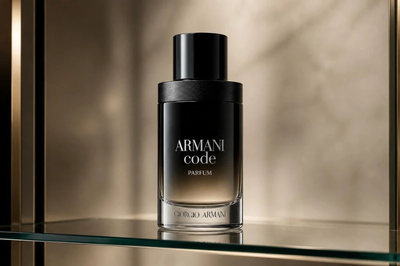 
Frasco do Armani Code Parfum sobre superfície escura — perfume masculino Giorgio Armani
