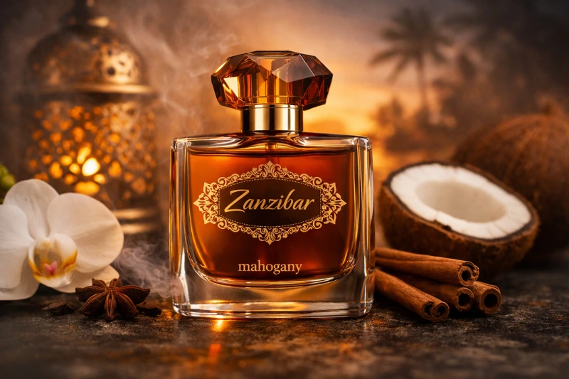 Frascos do Perfume Feminino Mahogany Zanzibar e Python & Flowers sobre superfície tropical com coco e flores brancas, representando sofisticação e inspiração exótica.