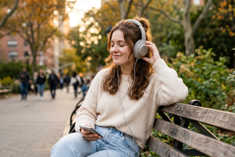 pessoa usando fones de ouvido ao ar livre durante caminhada