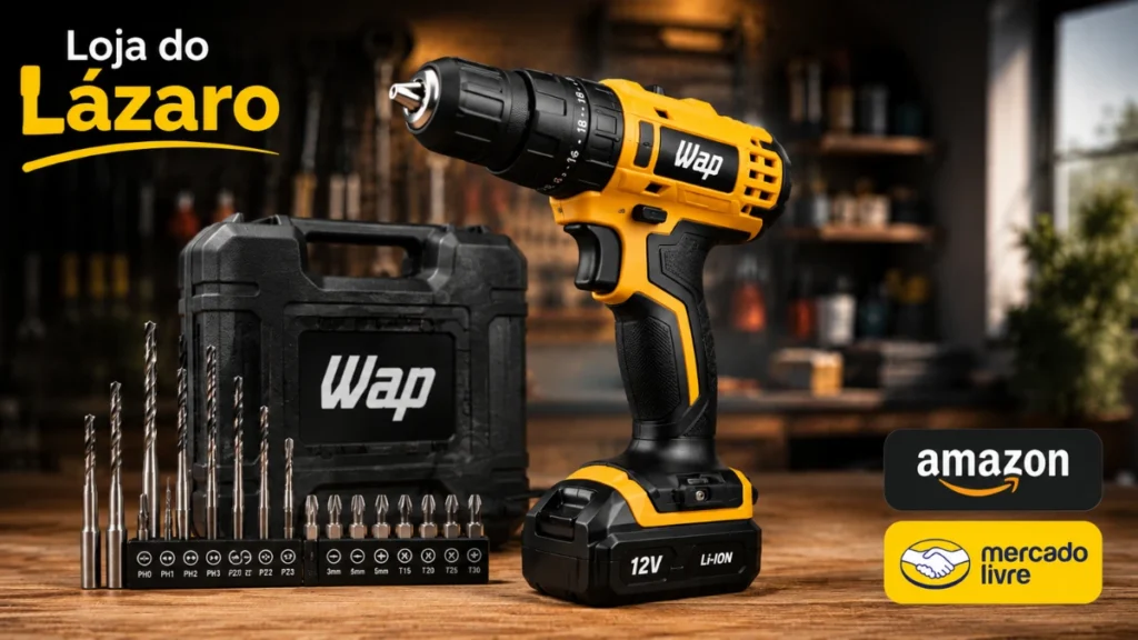 Wap parafusadeira 12V BPF-12K3 com kit de acessórios e maleta, ideal para montagem de móveis, pequenos reparos e trabalhos domésticos.