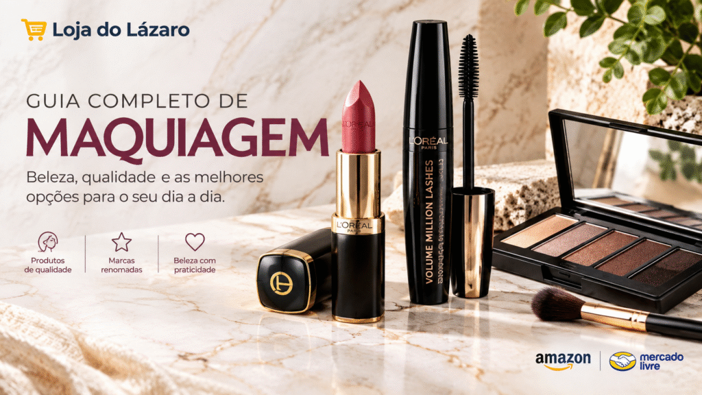 Banner promocional do Guia Completo apresentando os melhores produtos de maquiagem para iniciantes dispostos sobre bancada.