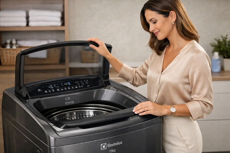  Mulher abrindo a tampa da lavadora Electrolux 15 kg cinza em lavanderia moderna.