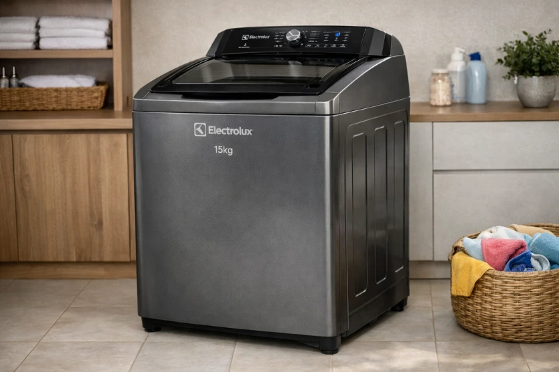  Lavadora Electrolux 15 kg cinza em lavanderia moderna com cesto de roupas coloridas.
