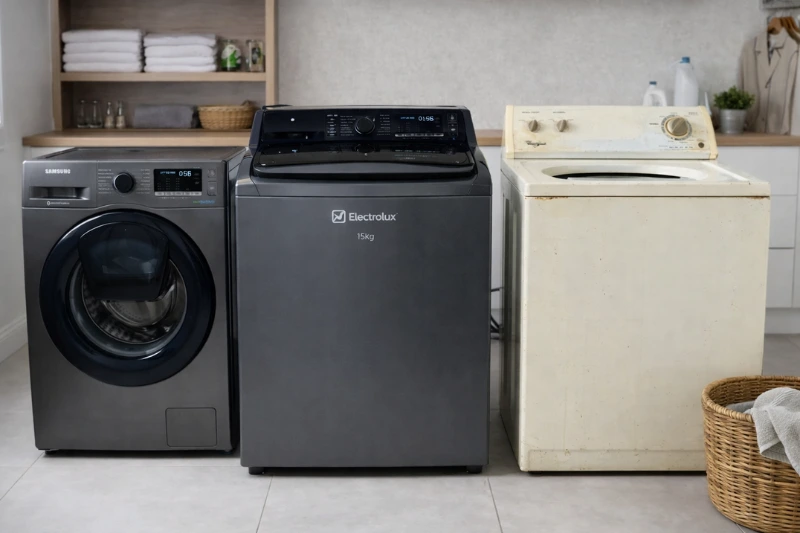 Duas lavadoras Electrolux 15 kg lado a lado em lavanderia simples, mostrando modelos diferentes e design moderno.
