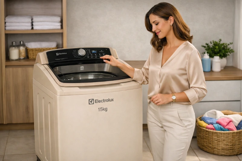  Mulher ajustando lavadora Electrolux 15 kg bege em lavanderia moderna.