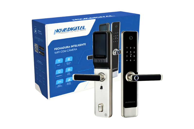 Fechadura eletrônica inteligente NovaDigital SL-06 CAM com Wi-Fi, câmera integrada, biometria digital, teclado touch screen, controle por app Tuya Smart Life e cartão magnético em acabamento preto premium