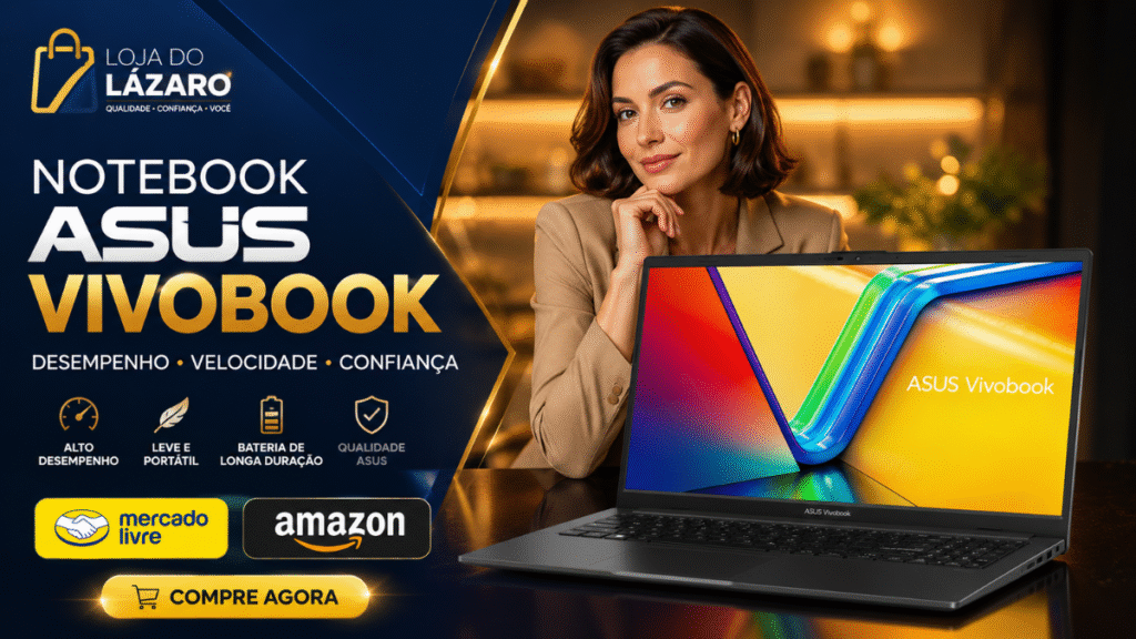 Banner de destaque do Notebook Asus Vivobook Go E1504fa aberto sobre uma mesa, exibindo tela colorida e detalhes visuais do produto.