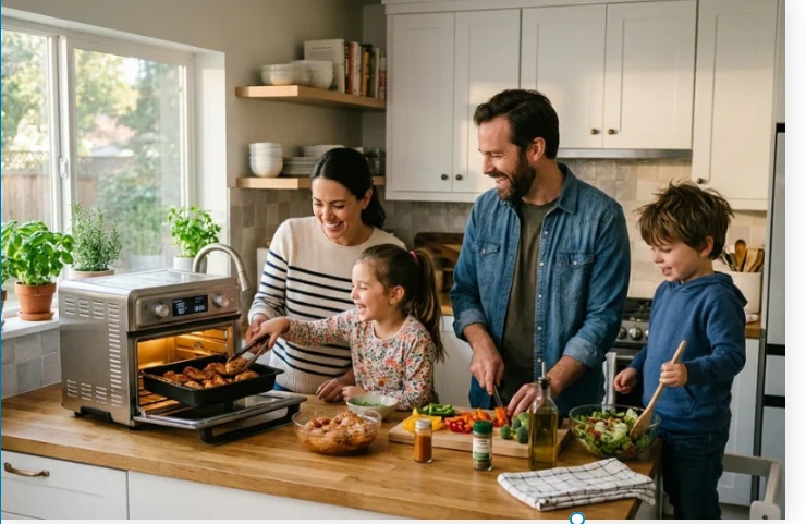 família utilizando air fryer forno 25 litros para preparar refeições na cozinha